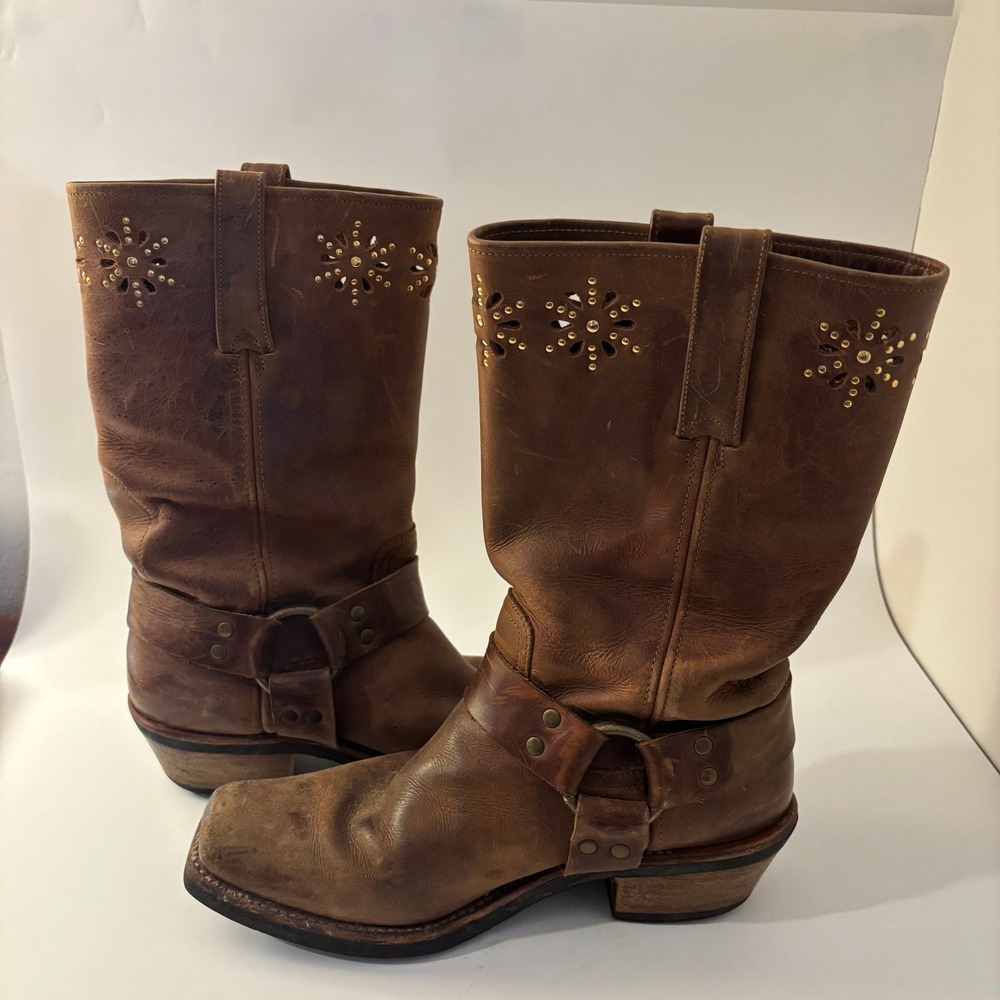 VTG Frye Harness Boots Womens 10 Brown Leather Studded Square Toe Biker